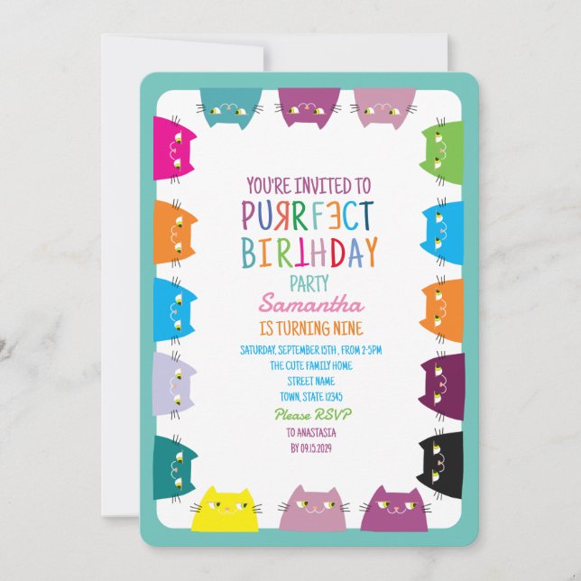 Invitación Fiesta de cumpleaños de Cat Purrfect (Anverso)