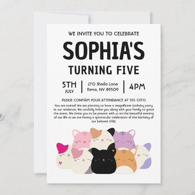 Invitación Fiesta de cumpleaños de Cat Squishmallow (Anverso)