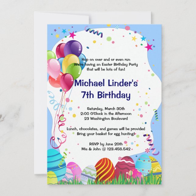 Invitación Fiesta de cumpleaños de caza de huevos de Pascua (Anverso)