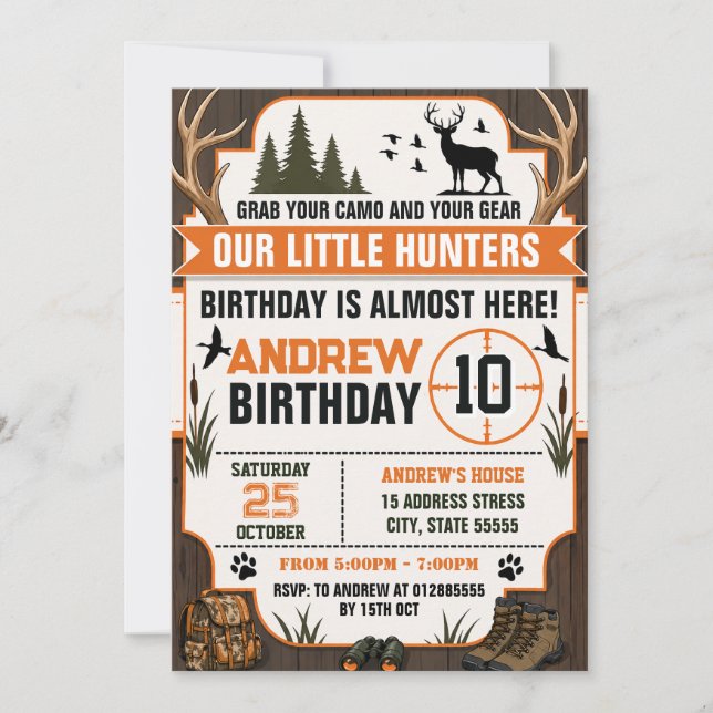 Invitación Fiesta de cumpleaños de caza personalizada (Anverso)