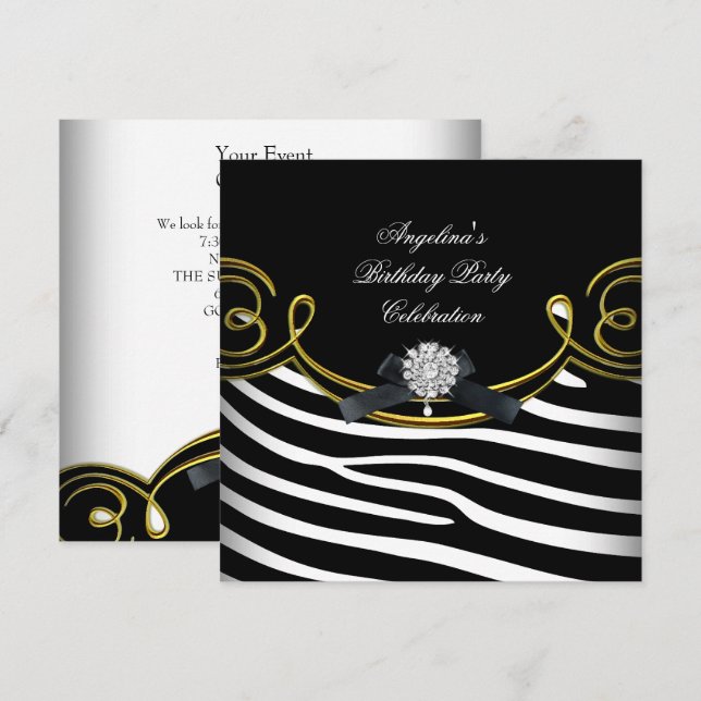 Invitación Fiesta de cumpleaños de cebra animal negro blanco  (Anverso / Reverso)