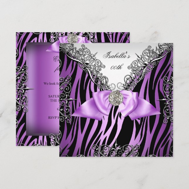 Invitación Fiesta de Cumpleaños de Cebra de Plata Morada Blan (Anverso / Reverso)