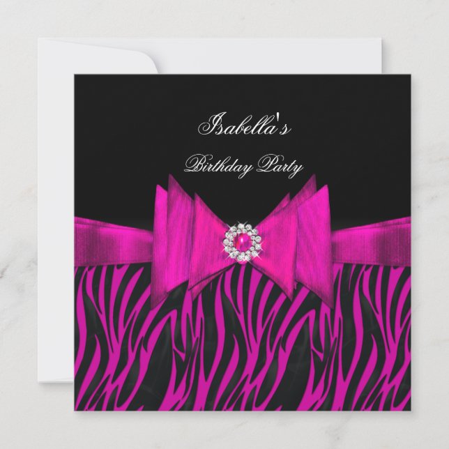 Invitación Fiesta de Cumpleaños de Cebra Elegante Rosa Fucsia (Anverso)