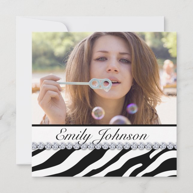 Invitación Fiesta de cumpleaños de cebra joyas blancas y negr (Anverso)