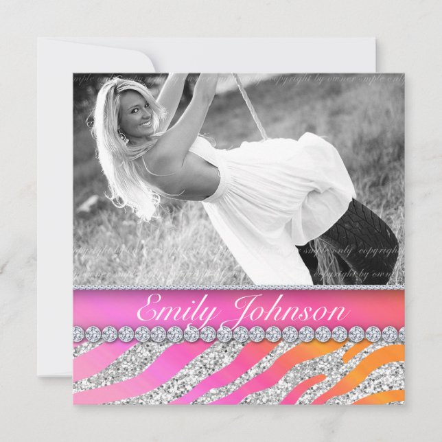 Invitación Fiesta de cumpleaños de cebra joyas rosa naranja (Anverso)