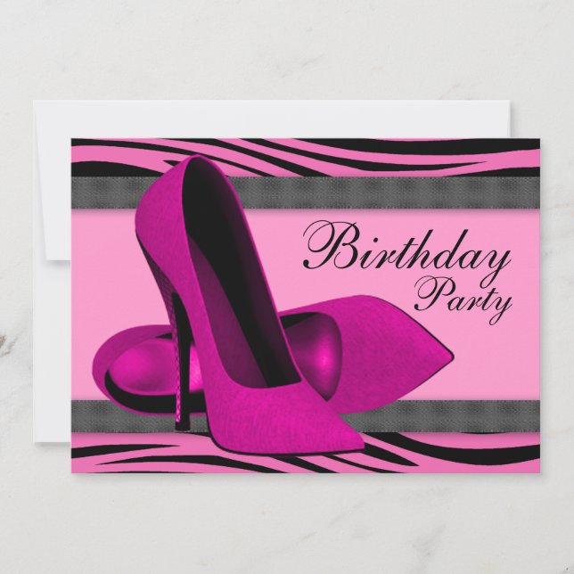 Invitación Fiesta de cumpleaños de cebra rosada y tacones alt (Anverso)