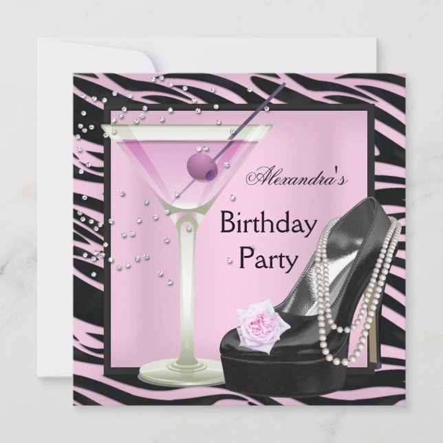 Invitación Fiesta de Cumpleaños de Cebra Zapatos Rosados Negr (Anverso)