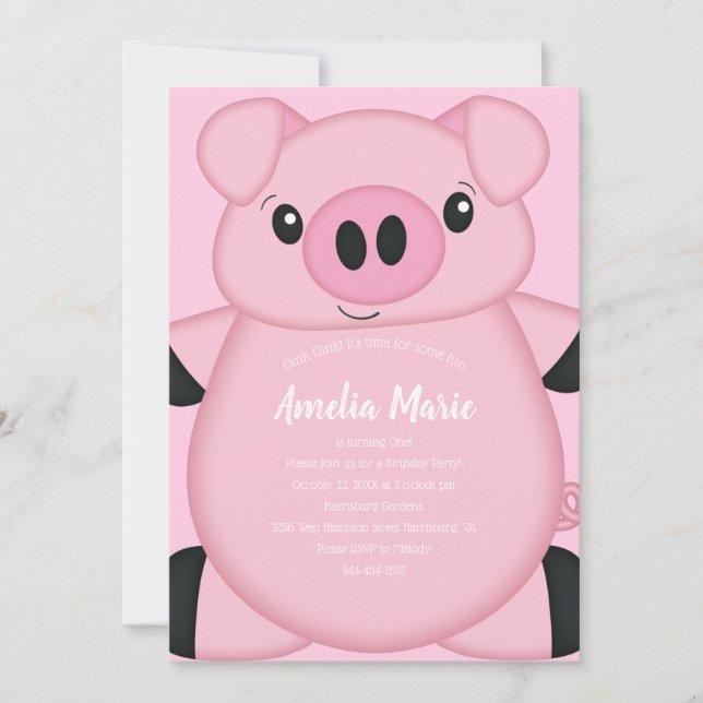 Invitación Fiesta de cumpleaños de cerdo rosado (Anverso)