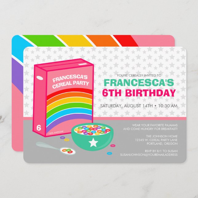 Invitación Fiesta de cumpleaños de cereales Rainbow (Anverso / Reverso)