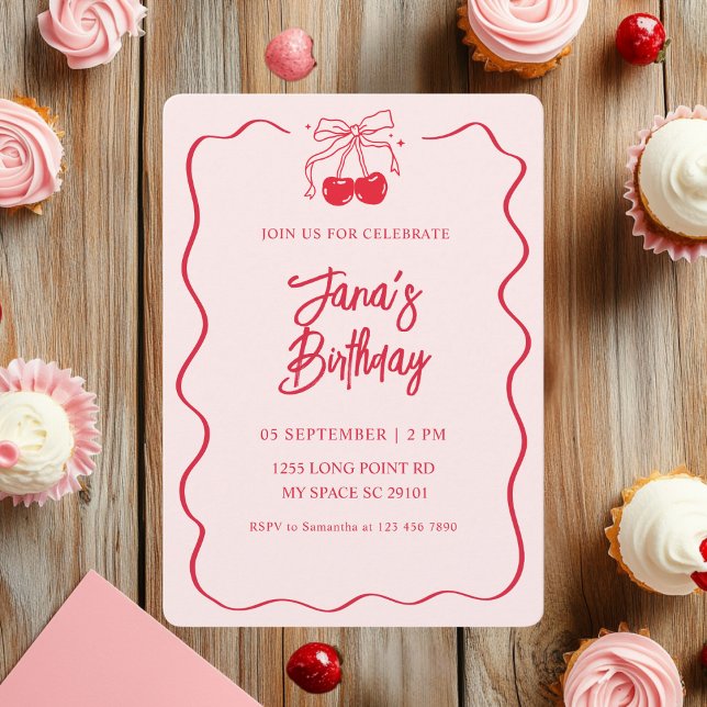Invitación Fiesta de cumpleaños de cerezo rosa y rojo (Subido por el creador)