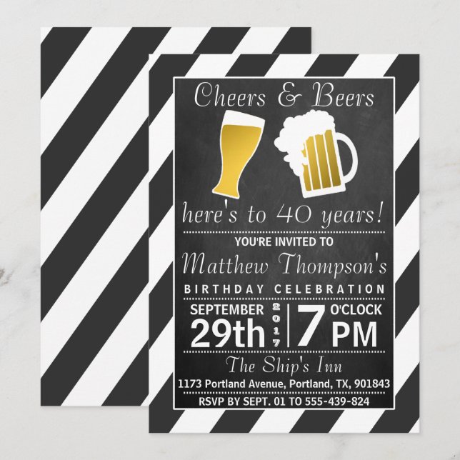 Invitación Fiesta de cumpleaños de Chalkboard de Cheers & Bee (Anverso / Reverso)