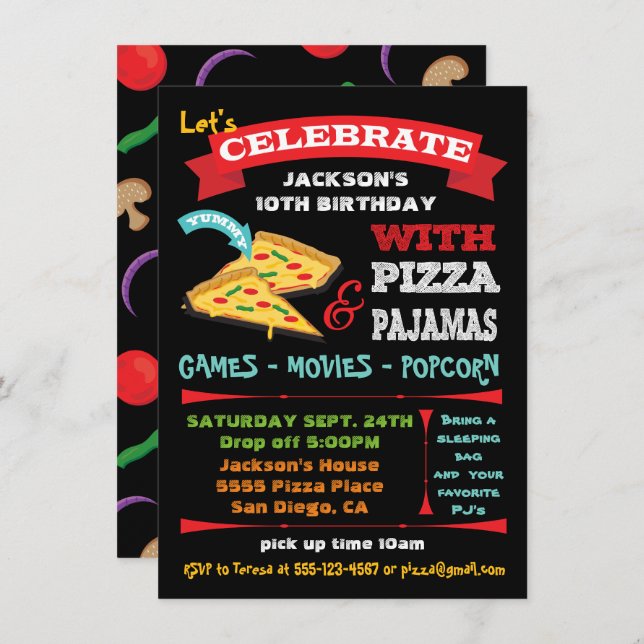 Invitación Fiesta de cumpleaños de Chalkboard Pizza & Pajamas (Anverso / Reverso)