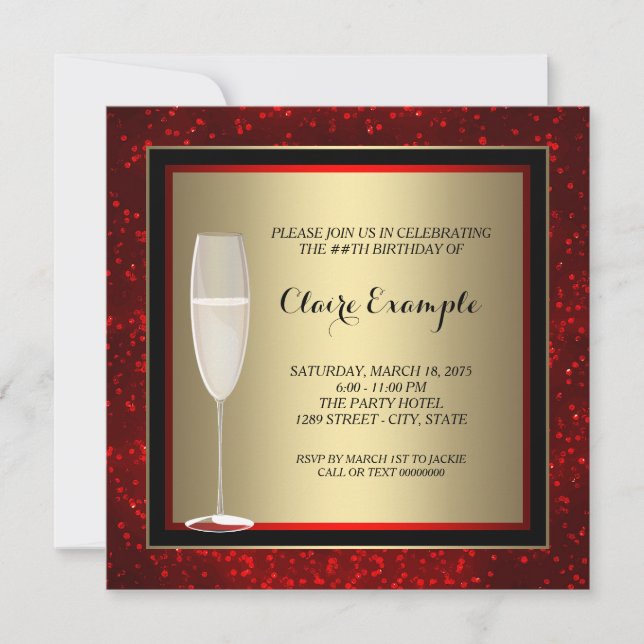 Invitación Fiesta de cumpleaños de Champagne de oro y rojo pa (Anverso)