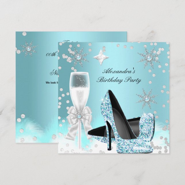 Invitación Fiesta de cumpleaños de Champagne High Heels verde (Anverso / Reverso)