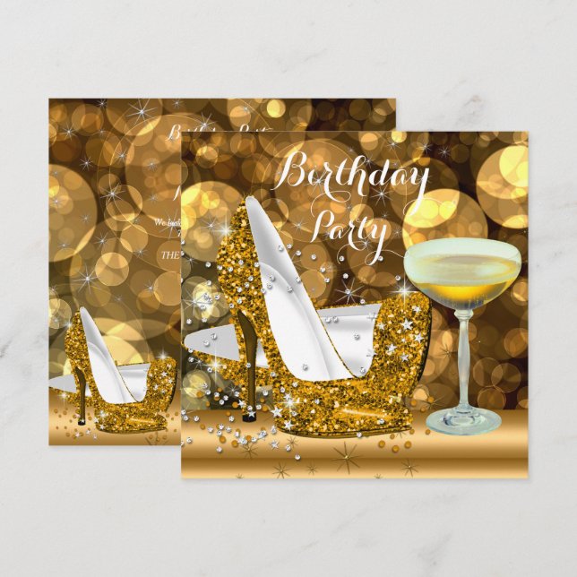 Invitación Fiesta de cumpleaños de Champagne, Purpurina de or (Anverso / Reverso)