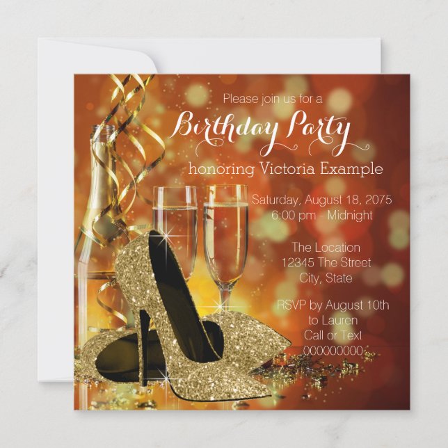Invitación Fiesta de cumpleaños de Champagne, Purpurina de or (Anverso)