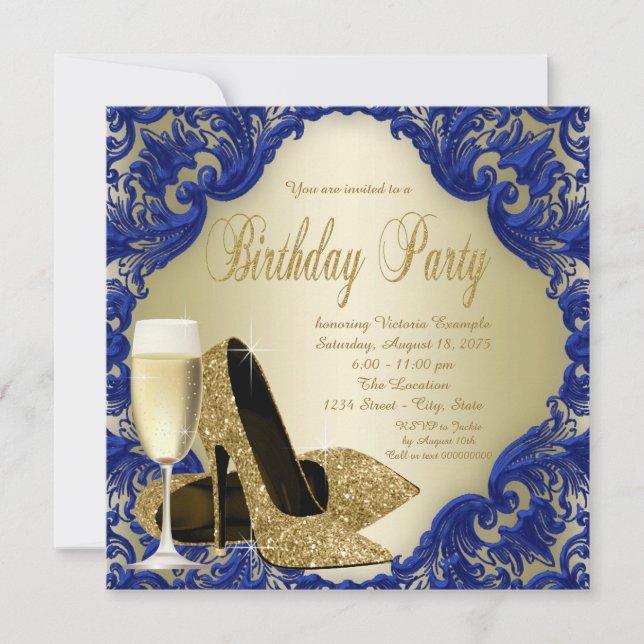 Invitación Fiesta de cumpleaños de Champagne Royal Blue Gold (Anverso)