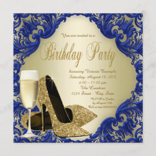 Invitación Fiesta de cumpleaños de Champagne Royal Blue Gold