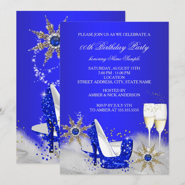 Invitación Fiesta de cumpleaños de Champagne Royal Blue High  (Anverso / Reverso)