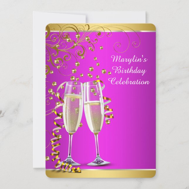 Invitación Fiesta de cumpleaños de champán dorado rosa intens (Anverso)