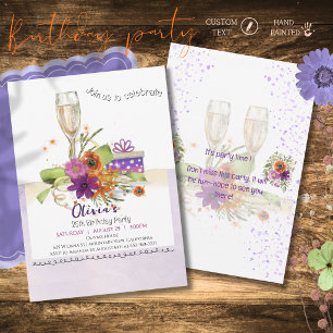 Invitación Fiesta de cumpleaños de champán floral con acuarel