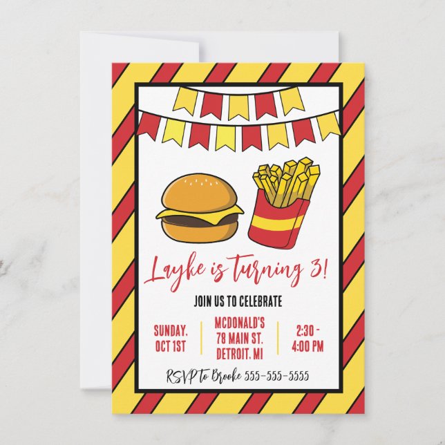 Invitación Fiesta de cumpleaños de Cheeseburger y Fries (Anverso)
