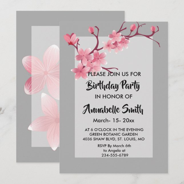 Invitación Fiesta de cumpleaños de Cherry Blossom (Anverso / Reverso)