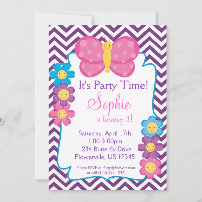 Invitación Fiesta de cumpleaños de Chevron Púrpura y Mariposa (Anverso)