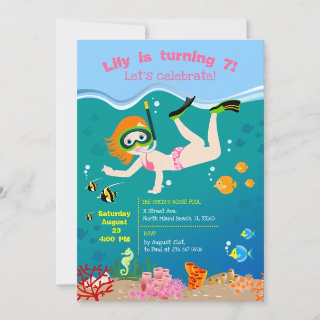 Invitación Fiesta de cumpleaños de chica buceando con peces t (Anverso)