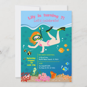 Invitación Fiesta de cumpleaños de chica buceando con peces t