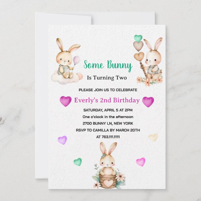 Invitación Fiesta de cumpleaños de Chica de conejo (Anverso)