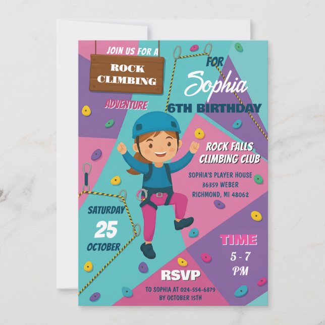 Invitación Fiesta de cumpleaños de chica de escalada en roca  (Anverso)