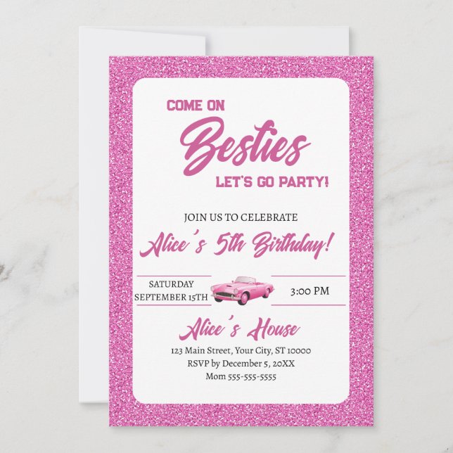 Invitación Fiesta de cumpleaños de Chica de muñecas rosadas (Anverso)