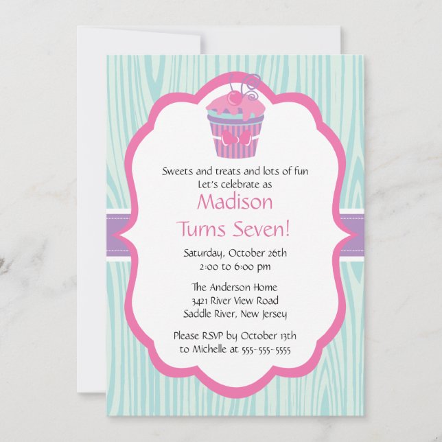 Invitación Fiesta de cumpleaños de Chica de pastel rosa y mor (Anverso)