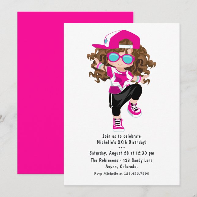 Invitación Fiesta de cumpleaños de chica de rap hip hop genia (Anverso / Reverso)