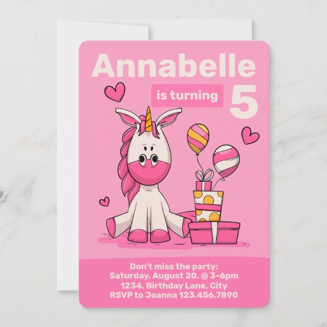 Invitación Fiesta de cumpleaños de Chica de Unicornio Rosa (Anverso)