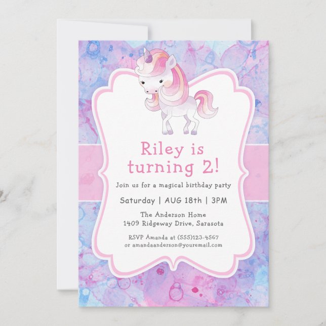 Invitación Fiesta de cumpleaños de Chica de Unicornio Rosa (Anverso)