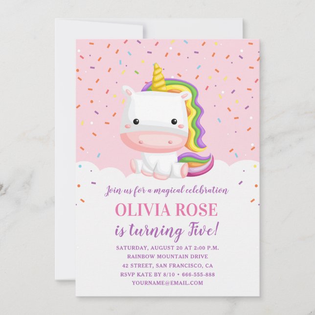 Invitación Fiesta de cumpleaños de Chica de Unicornio Rosa (Anverso)