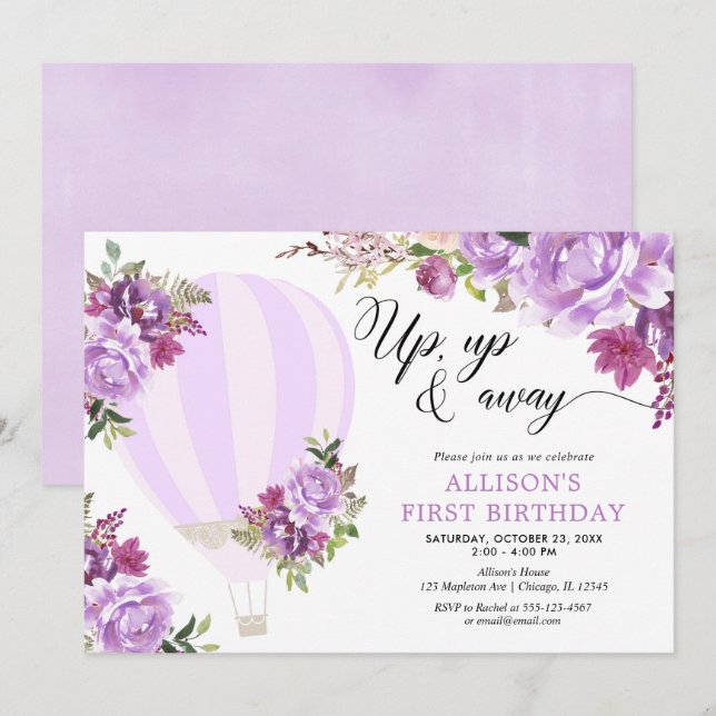 Invitación Fiesta de cumpleaños de chica floral de globo aero (Anverso / Reverso)