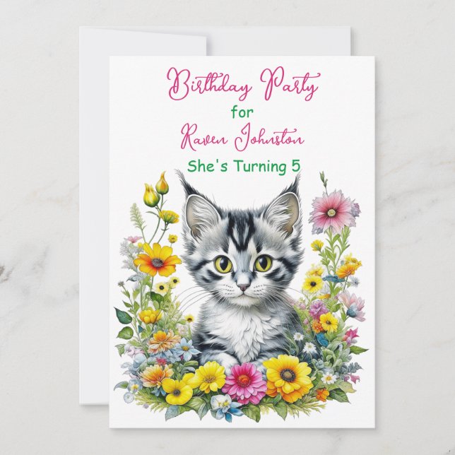 Invitación Fiesta de cumpleaños de Chica floral Gray Kitten (Anverso)