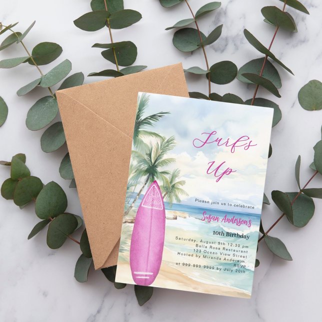 Invitación Fiesta de cumpleaños de chica rosa Surf's up beach (Subido por el creador)