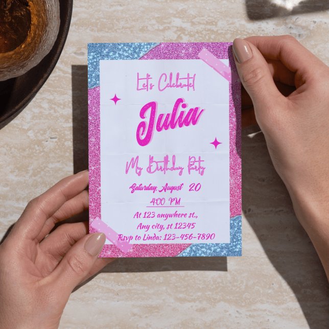 Invitación Fiesta de cumpleaños de Chica Rosado, Blanco y Pur (Pink, White & Glitter Girl Birthday Party Invitations - Cute & Girly Invites)