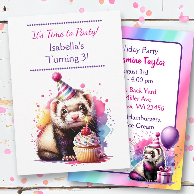 Invitación Fiesta de cumpleaños de Chica temática Cute Ferret (Subido por el creador)