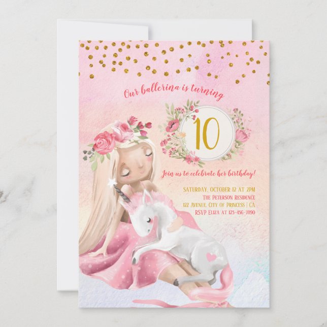 Invitación Fiesta De Cumpleaños De chica Y Bebé Unicornio (Anverso)