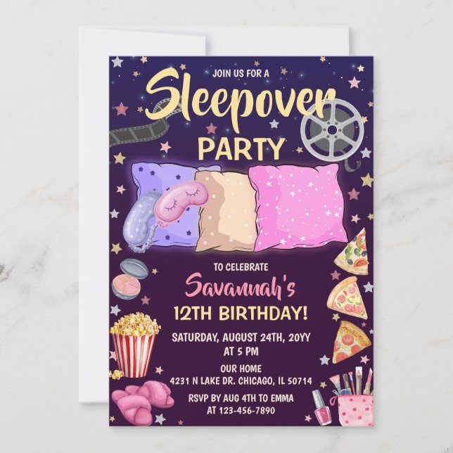 Invitación Fiesta de Cumpleaños de Chicas con Pijamada (Anverso)