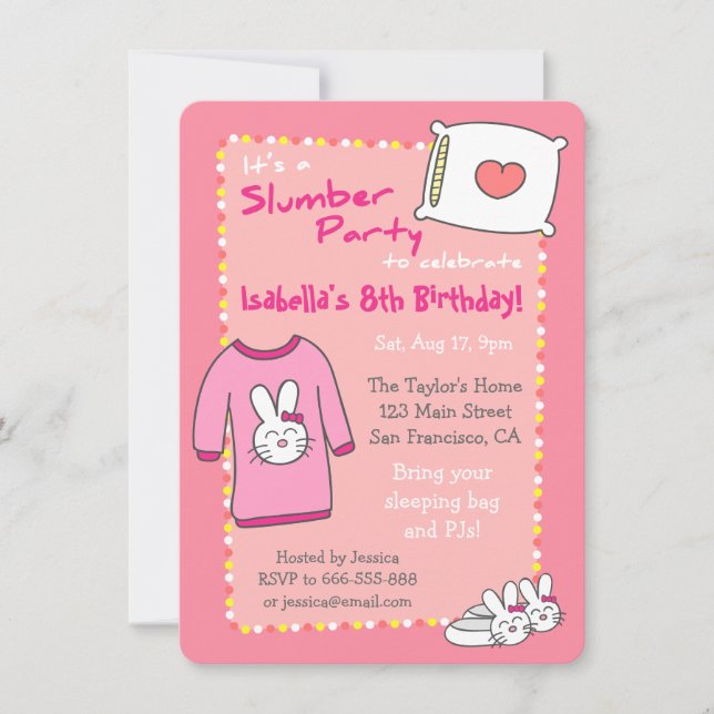Invitación Fiesta de Cumpleaños de Chicas con Pijamas (Anverso)