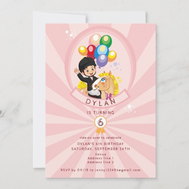 Invitación Fiesta de cumpleaños de chicas con tema de caballo (Anverso)
