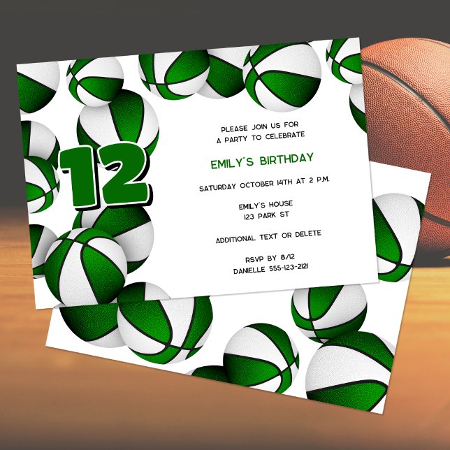 Invitación fiesta de cumpleaños de chicas de baloncesto blanc (front & back views)