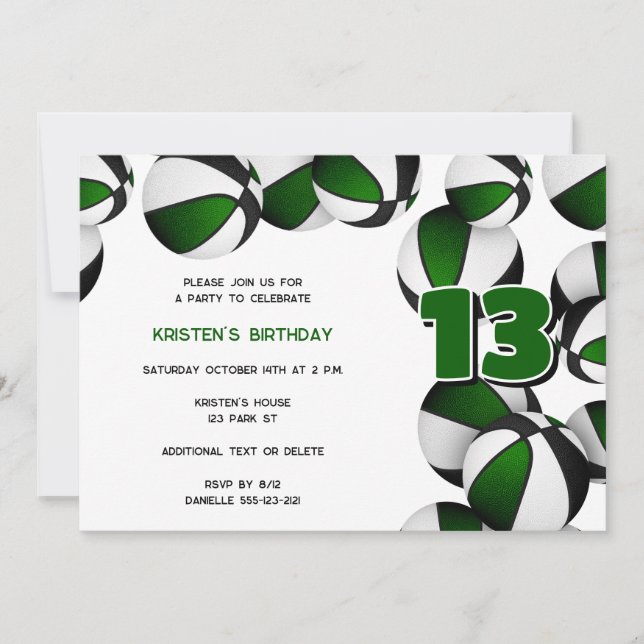 Invitación fiesta de cumpleaños de chicas de baloncesto negro (Anverso)