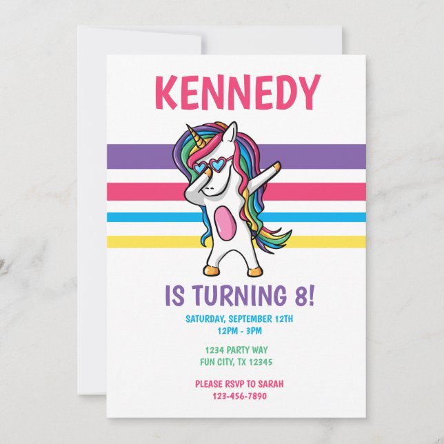 Invitación Fiesta de cumpleaños de chicas de Unicornio (Anverso)
